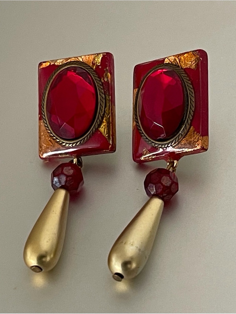 Red Bead Acrylic & Gold Drop Statement Earrings.